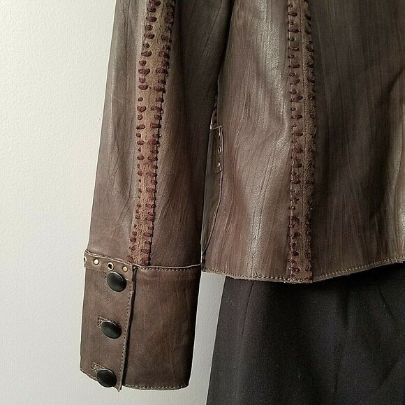 Rizal Womens  Leather Jacket brown collar button down pockets sz 2-4 S - Picture 8 of 10